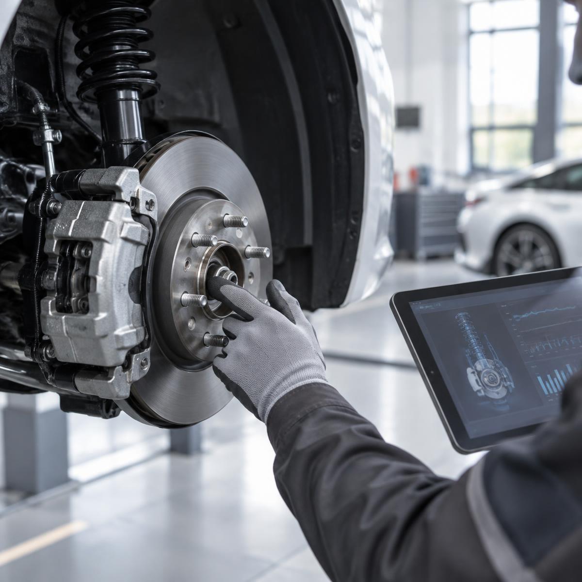 Inspecting an EV's brake disc and suspension